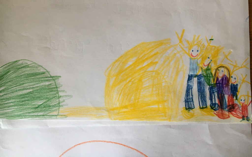 Malbild von Kind mit Sonne und mehreren Menschen